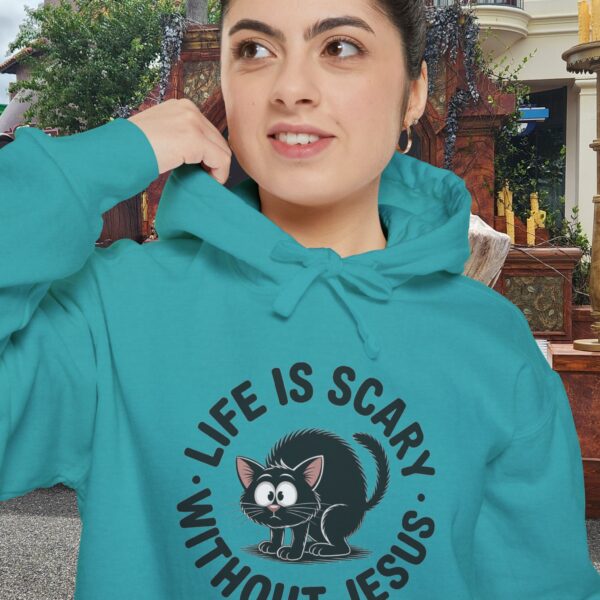 Teaal Life is Scary Without Jesus Halloween Hoodie, design showing a cute frightened black cat.