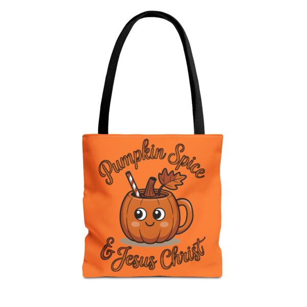 Model of Pumpkin Spice and Jesus Christ Christian Tote Bag – Canvas Fall Tote Bag 8