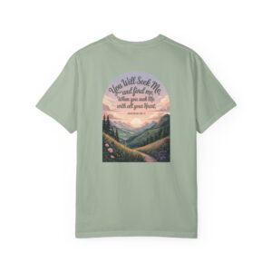 Green Christian t-shirt with Jeremiah 29:13 scripture, mountain valley, and sunset graphic.