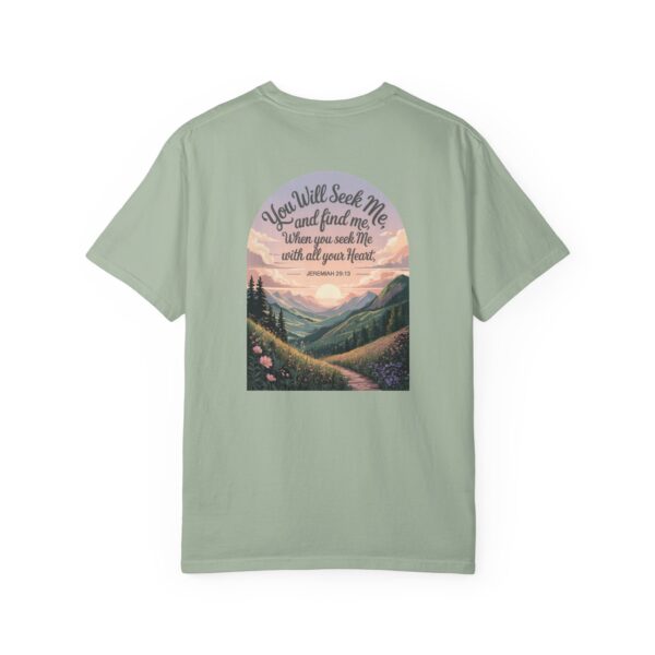 Green Christian t-shirt with Jeremiah 29:13 scripture, mountain valley, and sunset graphic.