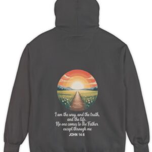 Dark grey Comfort Color hoodie sweatshirt with a sunset sunrise in a field with a path through a meadow and mountains in the background with I am the way, and the truth, and the life. No one comes to the Father except through me printed on it. John 14:6