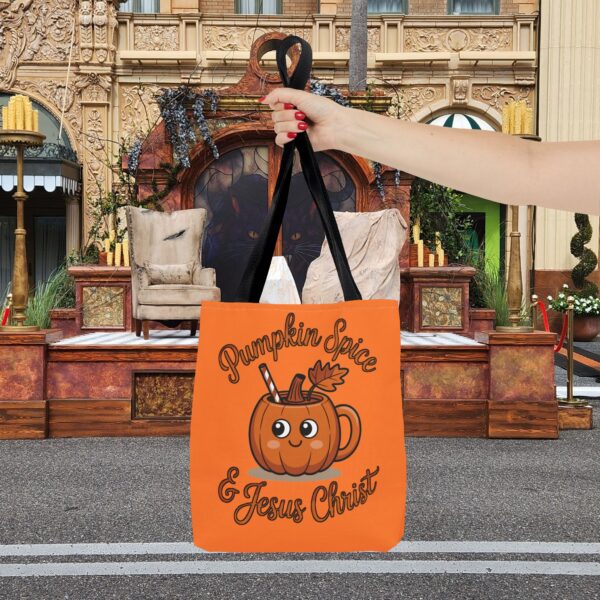 Model of Pumpkin Spice and Jesus Christ Christian Tote Bag – Canvas Fall Tote Bag 2