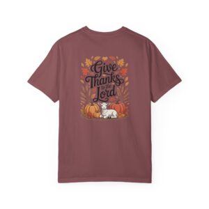 Maroon Give Thanks to the Lord t-shirt with Thanksgiving design showing a lamb, pumpkins, and fall leaves.