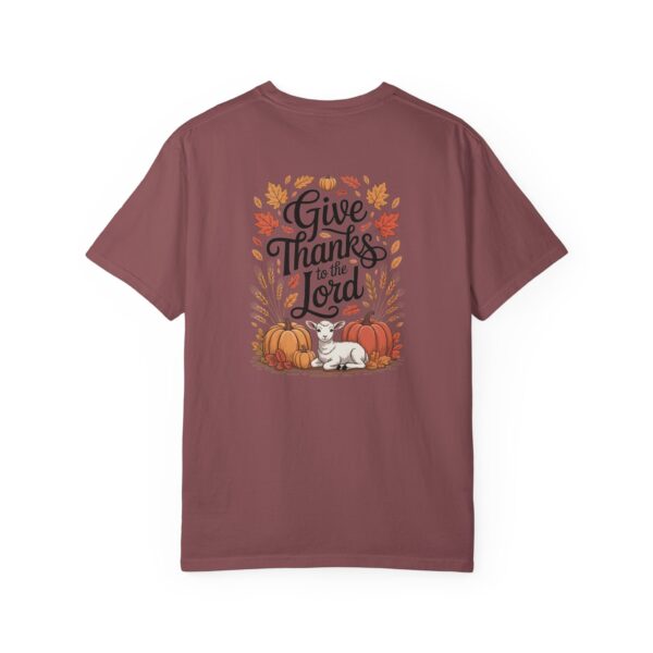 Maroon Give Thanks to the Lord t-shirt with Thanksgiving design showing a lamb, pumpkins, and fall leaves.