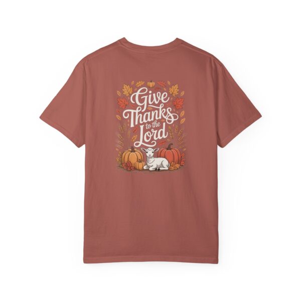 Red Give Thanks to the Lord t-shirt with Thanksgiving design showing a lamb, pumpkins, and fall leaves.