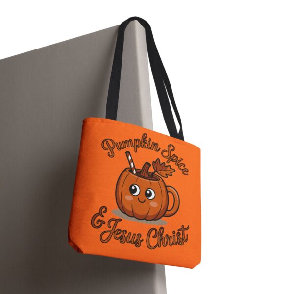 Model of Pumpkin Spice and Jesus Christ Christian Tote Bag – Canvas Fall Tote Bag 22