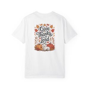 White Give Thanks to the Lord t-shirt with Thanksgiving design showing a lamb, pumpkins, and fall leaves.