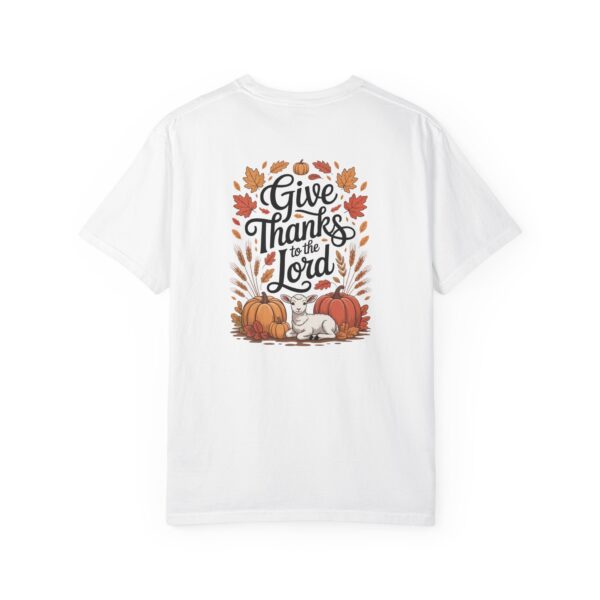 White Give Thanks to the Lord t-shirt with Thanksgiving design showing a lamb, pumpkins, and fall leaves.