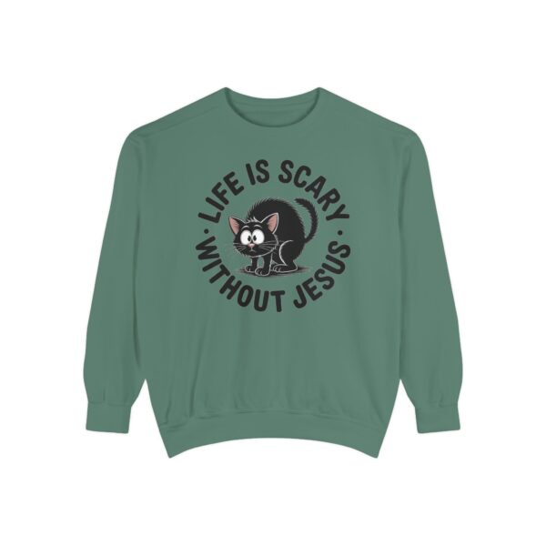 Green Life is Scary Without Jesus Halloween Sweatshirt, design showing a cute frightened black cat.