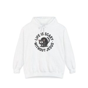 White Life is Scary Without Jesus Halloween Hoodie, design showing a cute frightened black cat.