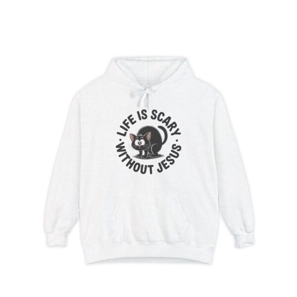 White Life is Scary Without Jesus Halloween Hoodie, design showing a cute frightened black cat.