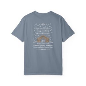 Blue Christian t-shirt with Isaiah 9:6 scripture, stars and barn design.