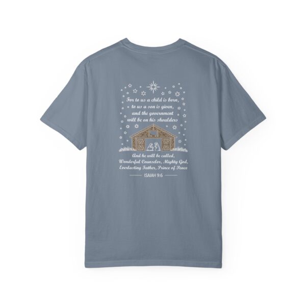 Blue Christian t-shirt with Isaiah 9:6 scripture, stars and barn design.