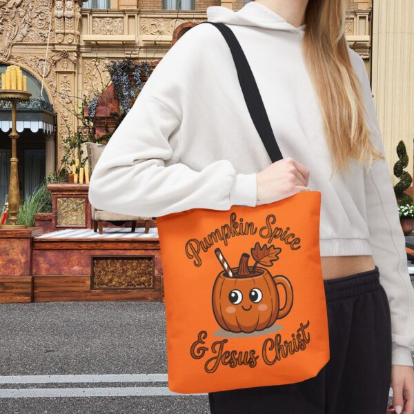 Model of Pumpkin Spice and Jesus Christ Christian Tote Bag – Canvas Fall Tote Bag 6