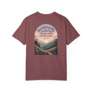 Red Christian t-shirt with Jeremiah 29:13 scripture, mountain valley, and sunset graphic.