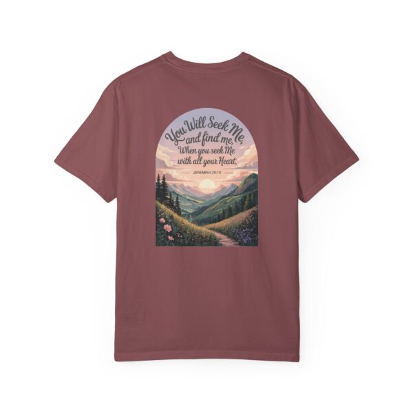 Red Christian t-shirt with Jeremiah 29:13 scripture, mountain valley, and sunset graphic.