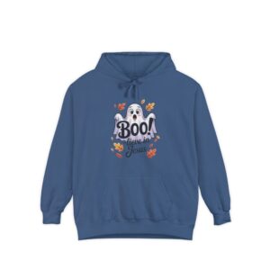 Blue Boo! -lieve in Jesus Halloween Hoodie, design showing a cute ghost with fall leaves.