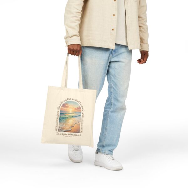 Model of This is the Day the Lord Has Made Canvas Tote Bag – Psalm 118:24 Beach Sunrise Christian Tote Bag 6