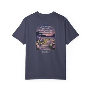 Blue Christian t-shirt with John 8:12 scripture, lit stairway path with flowers and sunset design.