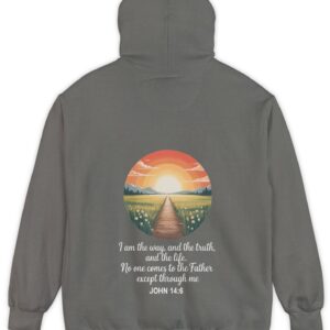 Grey Comfort Color hoodie sweatshirt with a sunset sunrise in a field with a path through a meadow and mountains in the background with I am the way, and the truth, and the life. No one comes to the Father except through me printed on it. John 14:6
