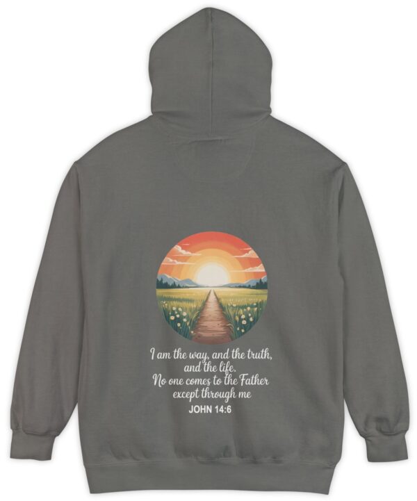 Grey Comfort Color hoodie sweatshirt with a sunset sunrise in a field with a path through a meadow and mountains in the background with I am the way, and the truth, and the life. No one comes to the Father except through me printed on it. John 14:6