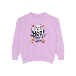 Pink Boo! -lieve in Jesus Halloween Sweatshirt, design showing a cute ghost with fall leaves.
