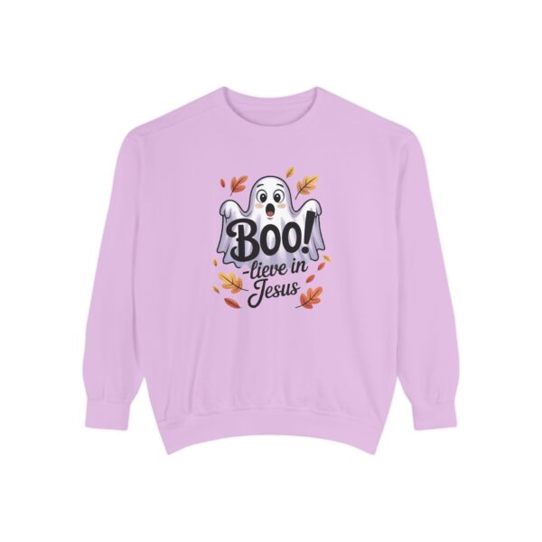 Pink Boo! -lieve in Jesus Halloween Sweatshirt, design showing a cute ghost with fall leaves.
