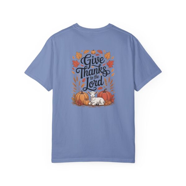 Blue Give Thanks to the Lord t-shirt with Thanksgiving design showing a lamb, pumpkins, and fall leaves.