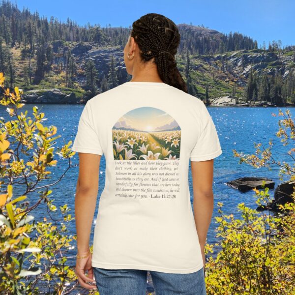 Model of Look at the Lilies and How They Grow Christian T-Shirt - Luke 12:27-28 12