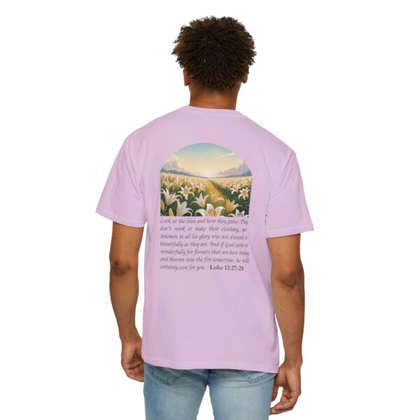 Model of Look at the Lilies and How They Grow Christian T-Shirt - Luke 12:27-28 44