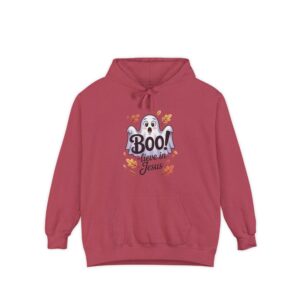 Red Boo! -lieve in Jesus Halloween Hoodie, design showing a cute ghost with fall leaves.