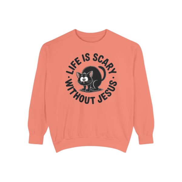Orange Life is Scary Without Jesus Halloween Sweatshirt, design showing a cute frightened black cat.