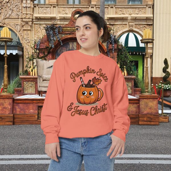 Model of Pumpkin Spice and Jesus Christ Fall Christian Sweatshirt 12