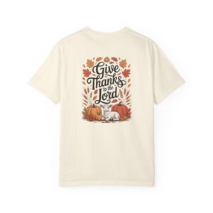 Ivory Give Thanks to the Lord t-shirt with Thanksgiving design showing a lamb, pumpkins, and fall leaves.