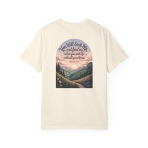 Ivory Christian t-shirt with Jeremiah 29:13 scripture, mountain valley, and sunset graphic.
