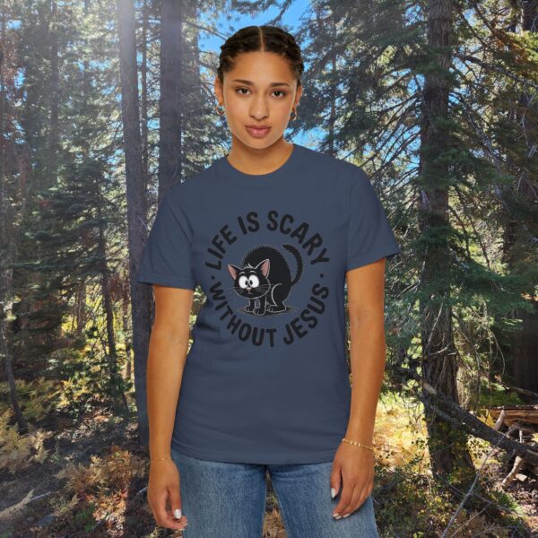 Model of Life Is Scary Without Jesus Christian T-Shirt - Scared Black Cat Tee 68