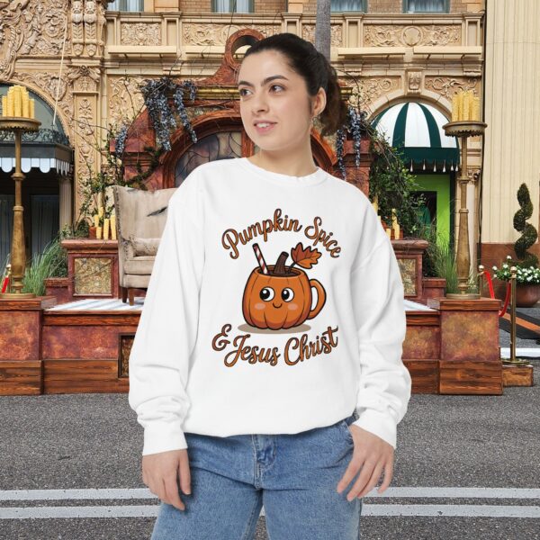 Model of Pumpkin Spice and Jesus Christ Fall Christian Sweatshirt 6