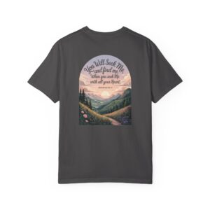 Gray Christian t-shirt with Jeremiah 29:13 scripture, mountain valley, and sunset graphic.