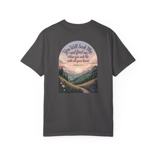 Gray Christian t-shirt with Jeremiah 29:13 scripture, mountain valley, and sunset graphic.