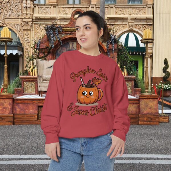 Model of Pumpkin Spice and Jesus Christ Fall Christian Sweatshirt 48