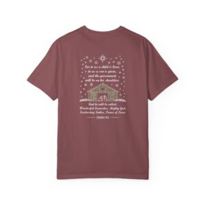 Maroon Christian t-shirt with Isaiah 9:6 scripture, stars and barn design.