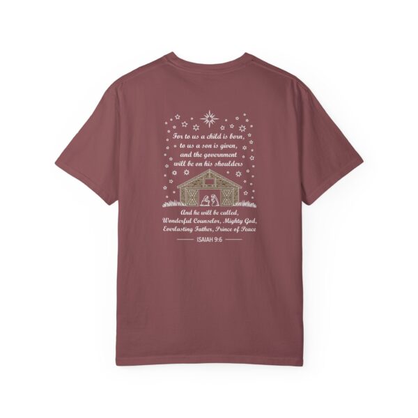 Maroon Christian t-shirt with Isaiah 9:6 scripture, stars and barn design.