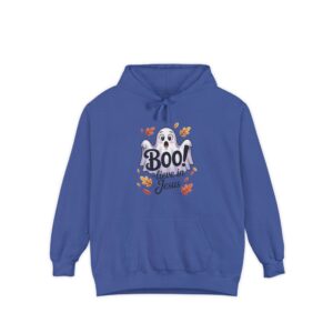 Blue Boo! -lieve in Jesus Halloween Hoodie, design showing a cute ghost with fall leaves.