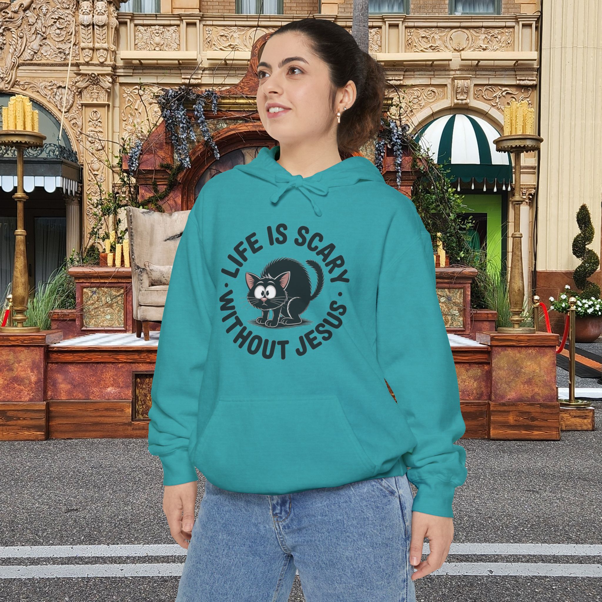 Teal Life is Scary Without Jesus Halloween Hoodie, design showing a cute frightened black cat.