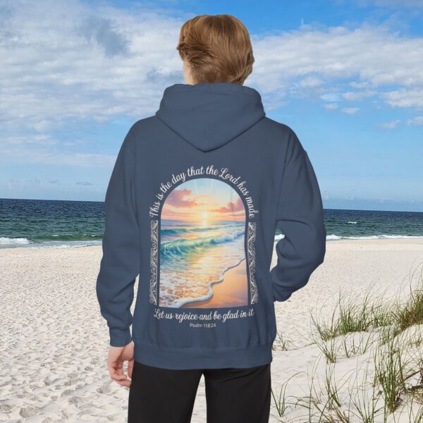 Model of The Day the Lord Has Made Christian Hoodie - Comfort Colors Beach Sunset Psalm 118:24 Christian Sweatshirt 32