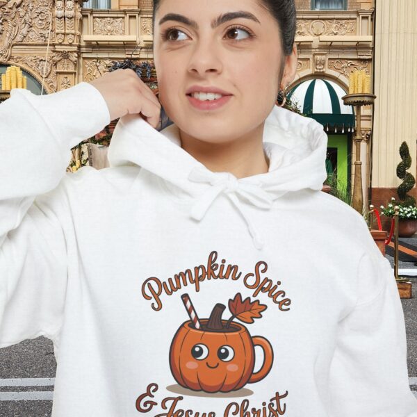 Model of Pumpkin Spice and Jesus Christ Christian Hoodie - Unisex 6