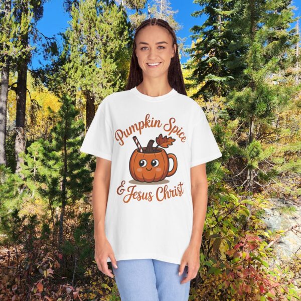 Model of Pumpkin Spice & Jesus Christ Fall Christian T-Shirt 8