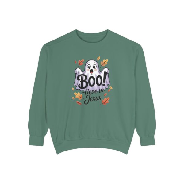 Green Boo! -lieve in Jesus Halloween Sweatshirt, design showing a cute ghost with fall leaves.