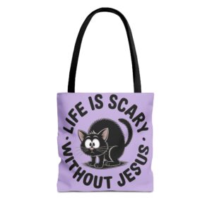 Life Is Scary Without Jesus Christian Tote Bag - Black Cat Canvas Tote Bag - Image 2