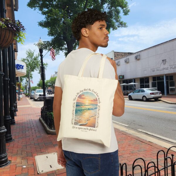 Model of This is the Day the Lord Has Made Canvas Tote Bag – Psalm 118:24 Beach Sunrise Christian Tote Bag 4